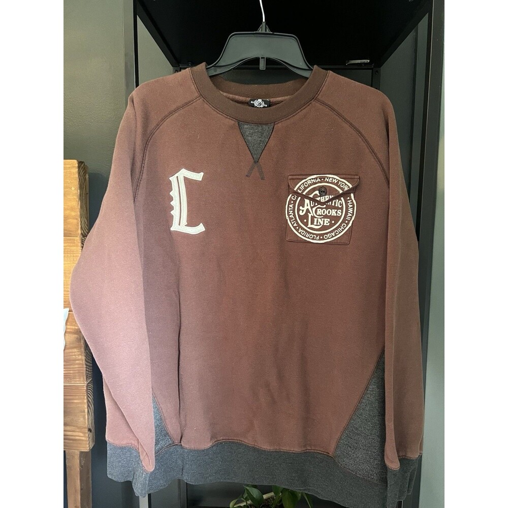 Authentic Crooks Line Sweatshirt Mens L Brown Cities Pocket Streetwear Crewneck